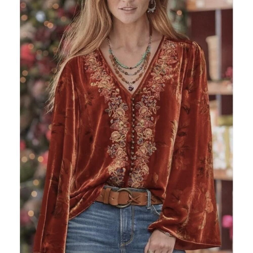 Sundance Blouse Womens XS Burnt Orange Velvet Embroidered Bell Sleeve Top